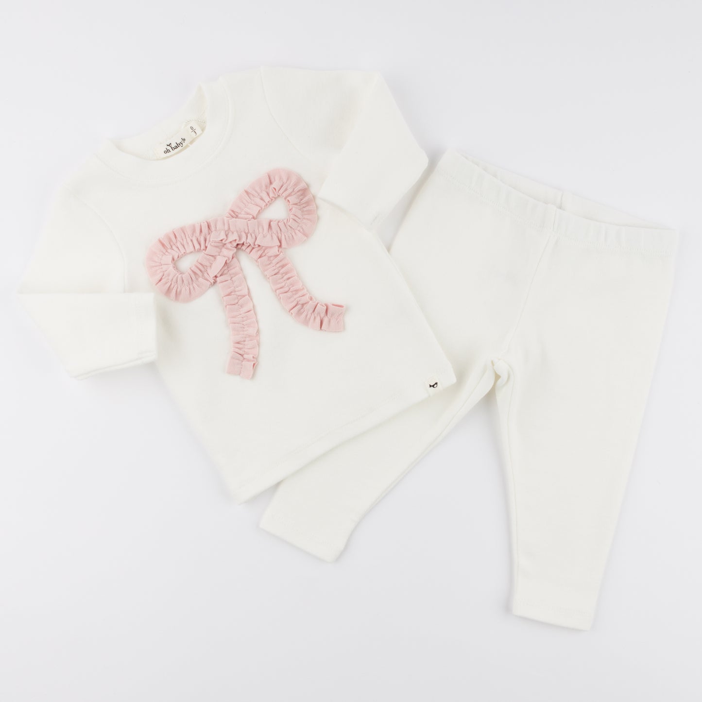 Ruffle Knit Baby Pink Bow Appl L/S 2pc Set