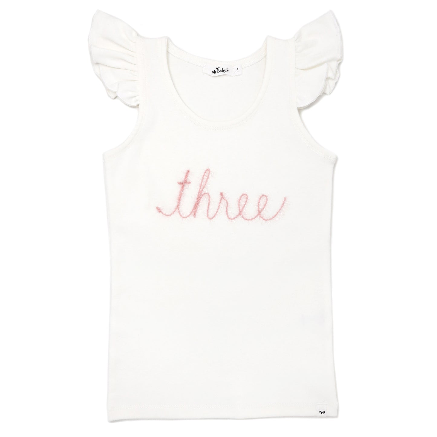 "Three" Pink Embroidered Cotton Baby Rib FS Tank
