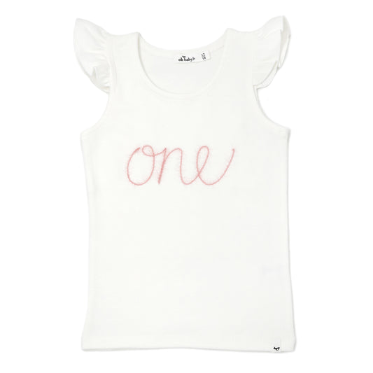 "One" Pink Embroidered Cotton Baby Rib FS Tank
