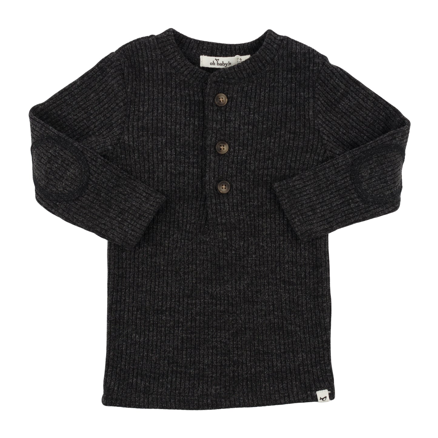 Wide Rib Fuzzy Sweater Knit Elbow Patch Henley