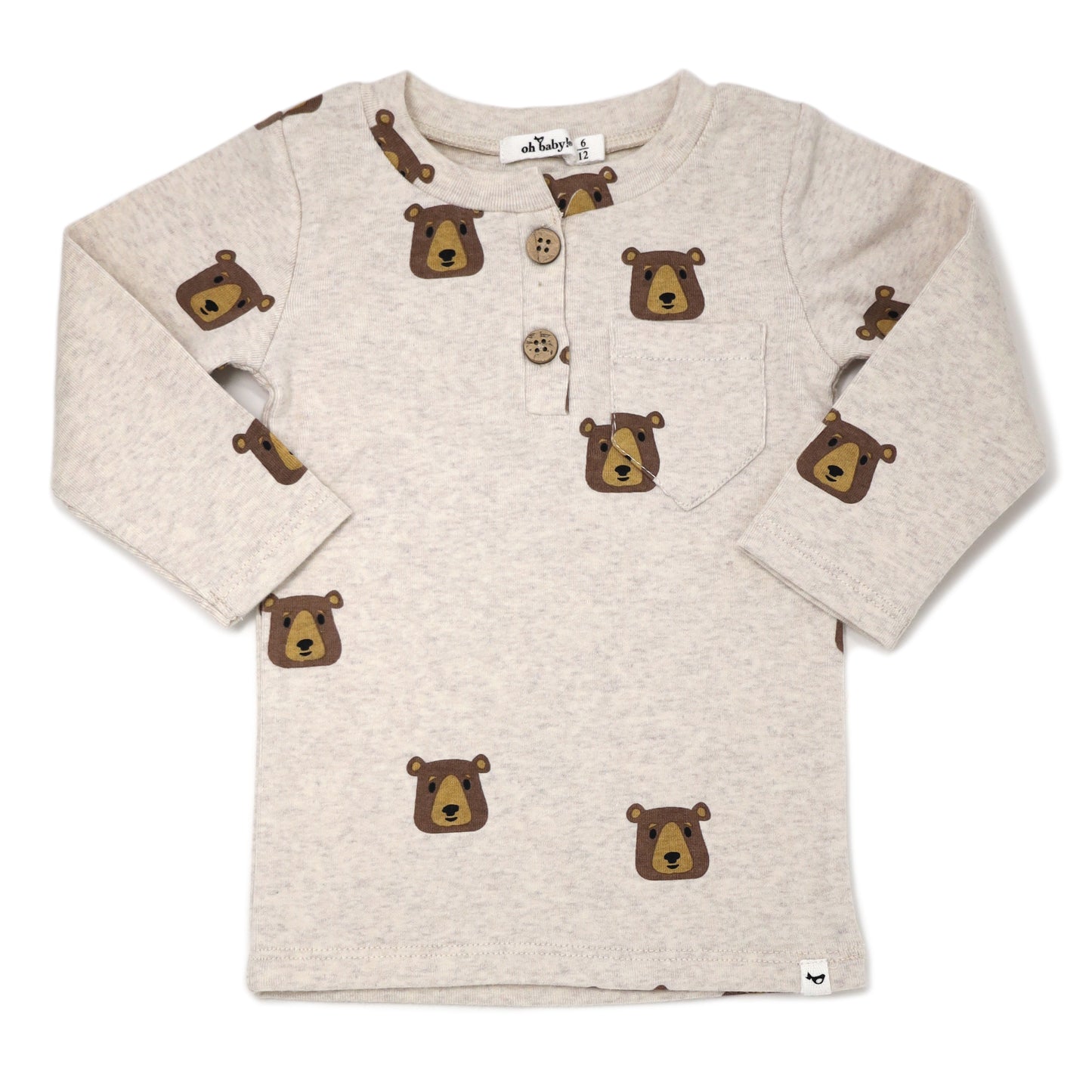 Brown Bear Faces Print LS Henley Tee