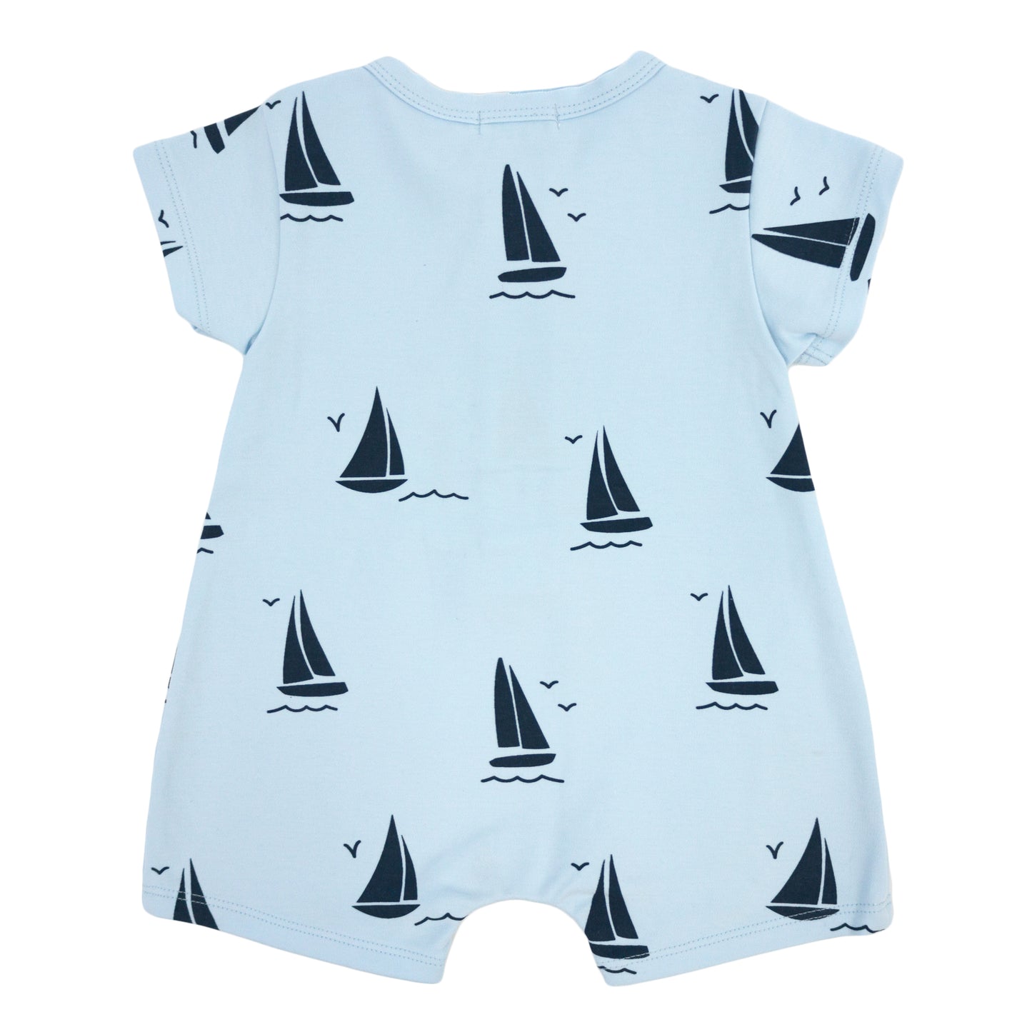 Denim Sailboat Print SS Button Neck Romper