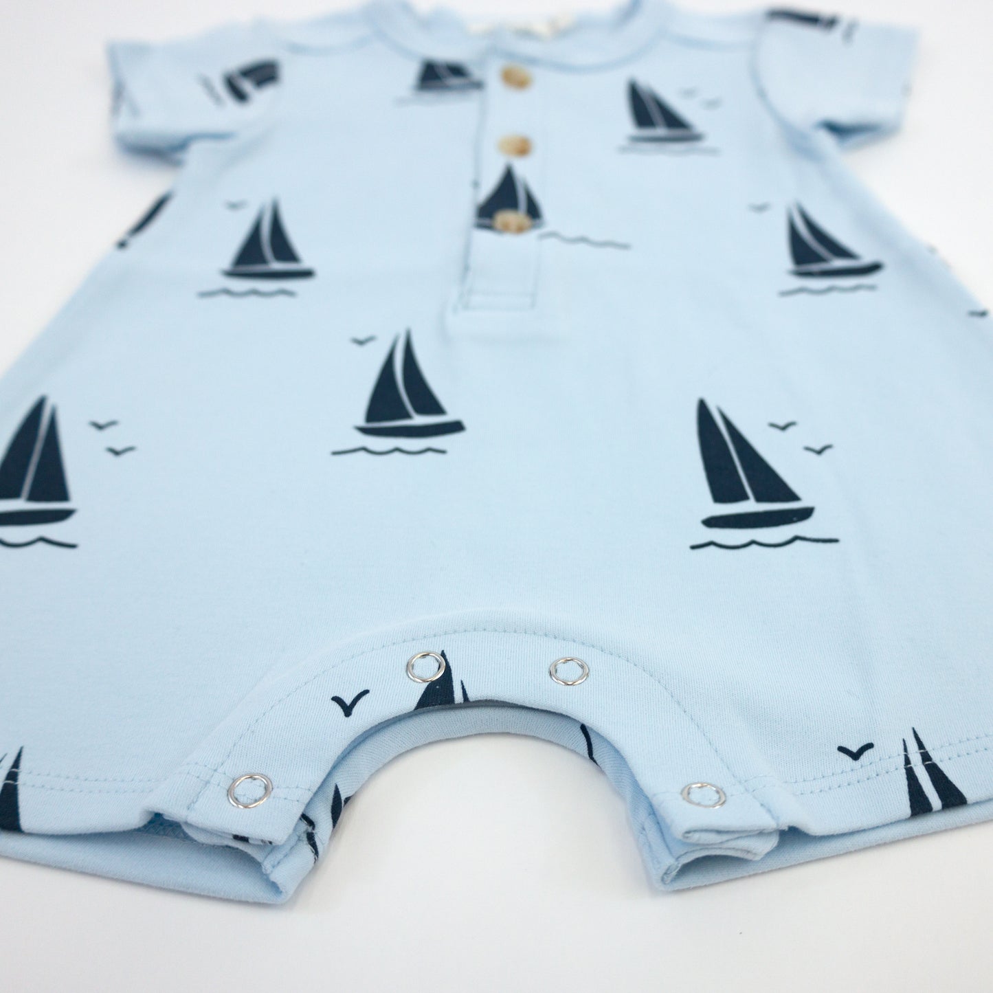 Denim Sailboat Print SS Button Neck Romper