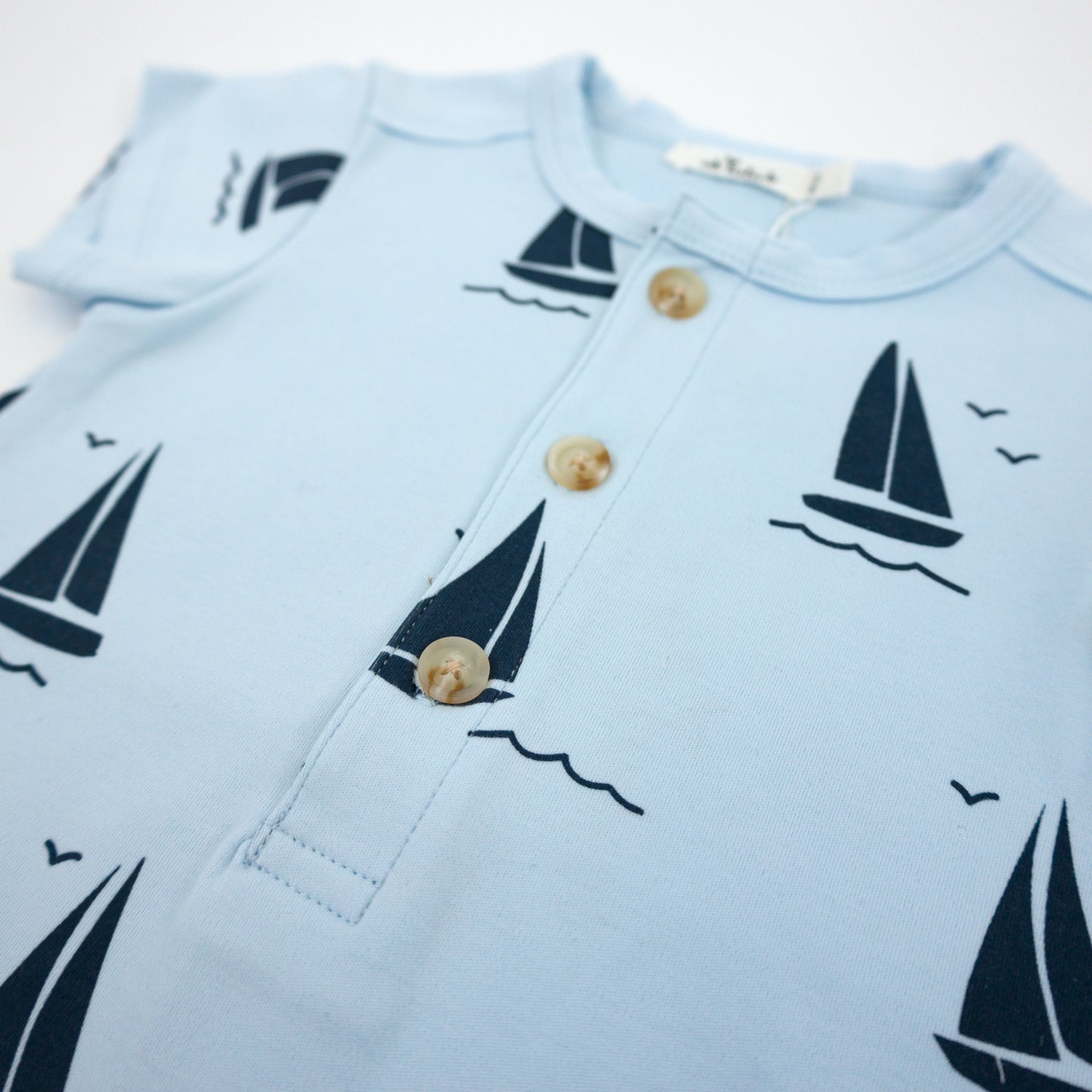 Denim Sailboat Print SS Button Neck Romper