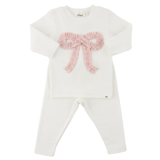 Ruffle Knit Baby Pink Bow Appl L/S 2pc Set