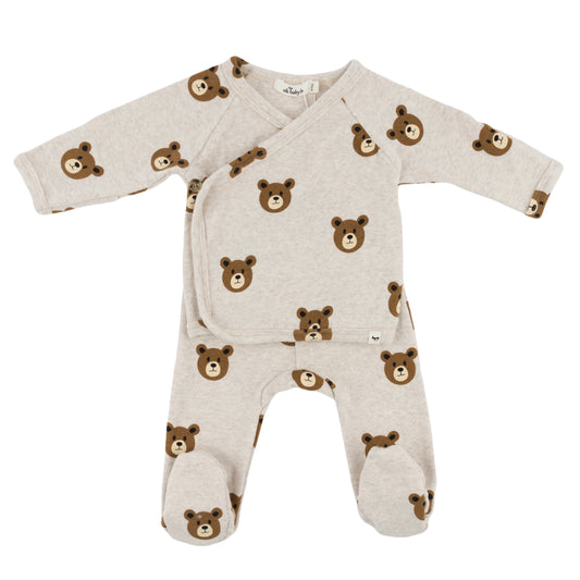 Teddy Bear Face Print Kimono Footie Set