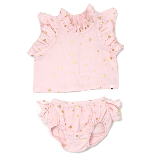 Mini Gold Stars Gauze Lola Top Ruffle Tushie Set