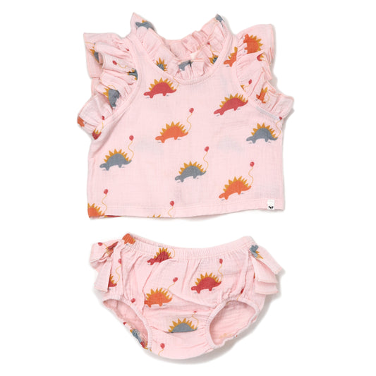 Stegosaurus Party Gauze Lola Top Ruffle Tushie Set