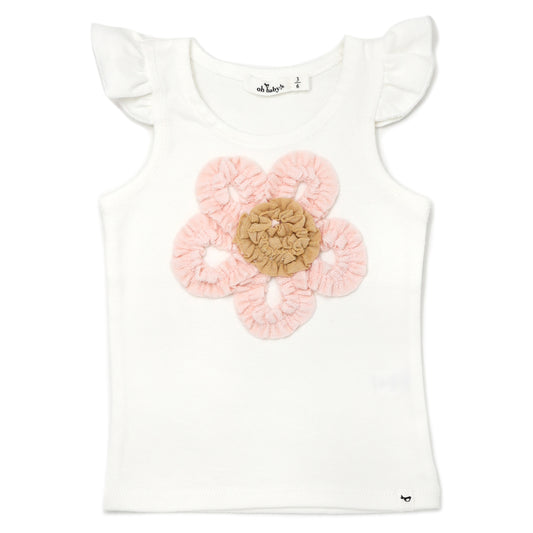 Ruffle Flower Appl Baby Rib Flutter Sleeve Tank