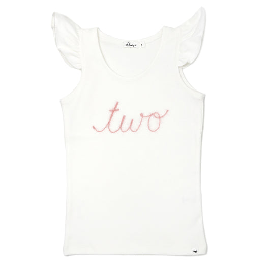 "Two" Pink Embroidered Cotton Baby Rib FS Tank