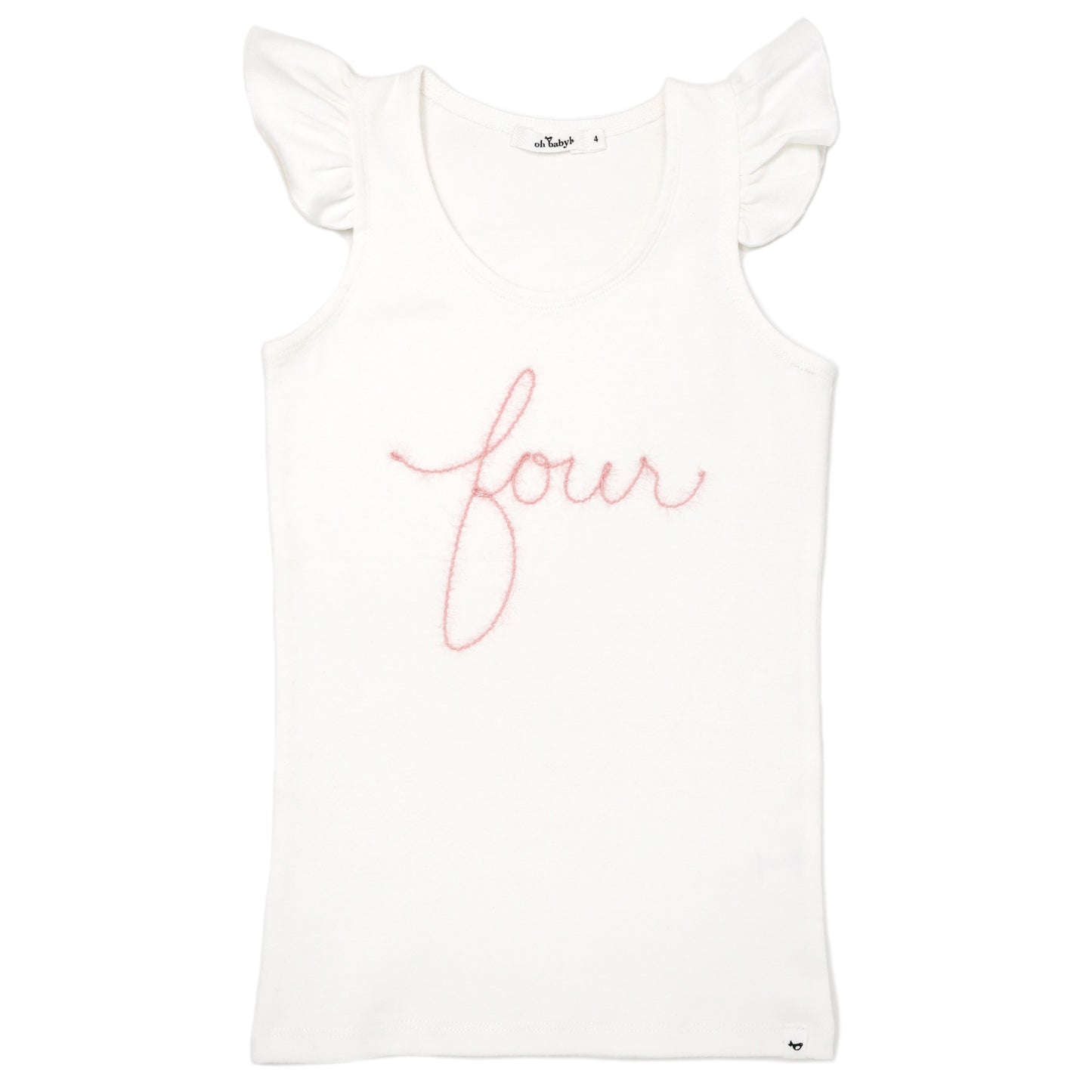"Four" Pink Embroidered Cotton Baby Rib FS Tank