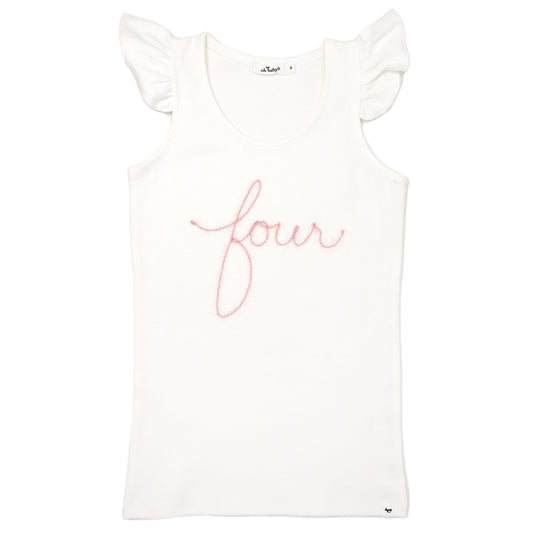 "Four" Pink Embroidered Cotton Baby Rib FS Tank
