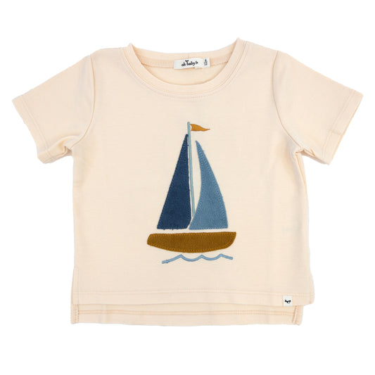 Denim Sailboat Terry Applique Raw Edge Tee