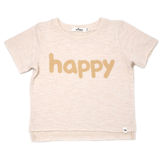 happy Oatmilk Applique Cotton Slub Raw Edge Tee