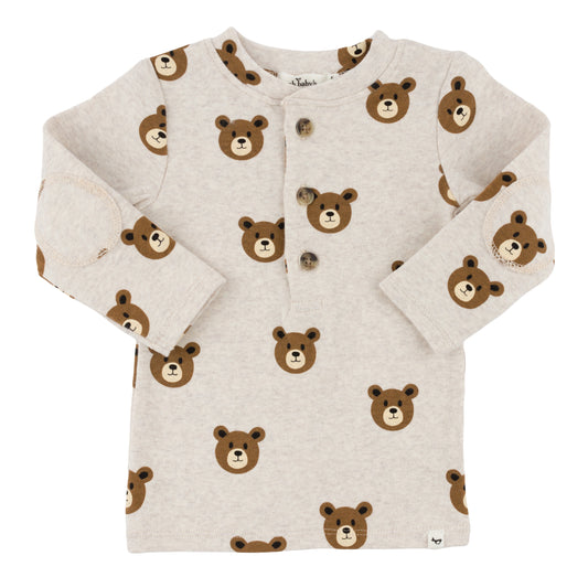 Teddy Bear Face Print  Elbow Patch Henley