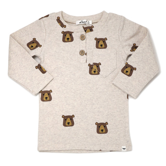 Brown Bear Faces Print LS Henley Tee