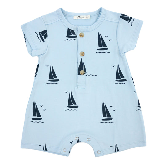 Denim Sailboat Print SS Button Neck Romper