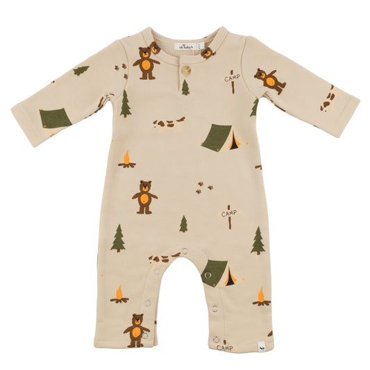 Camping Print One Button Romper French Terry