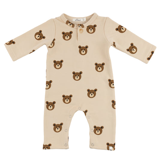 Teddy Bear Face One Button Romper French Terry