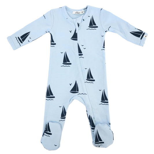 Denim Sailboat Print Zipper Footie