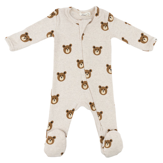 Teddy Bear Face Print Zipper Footie